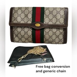 Vintage GUCCI PVC Leather Sherry Line Pouch Clutch Women’s Bag Brown Beige Used
